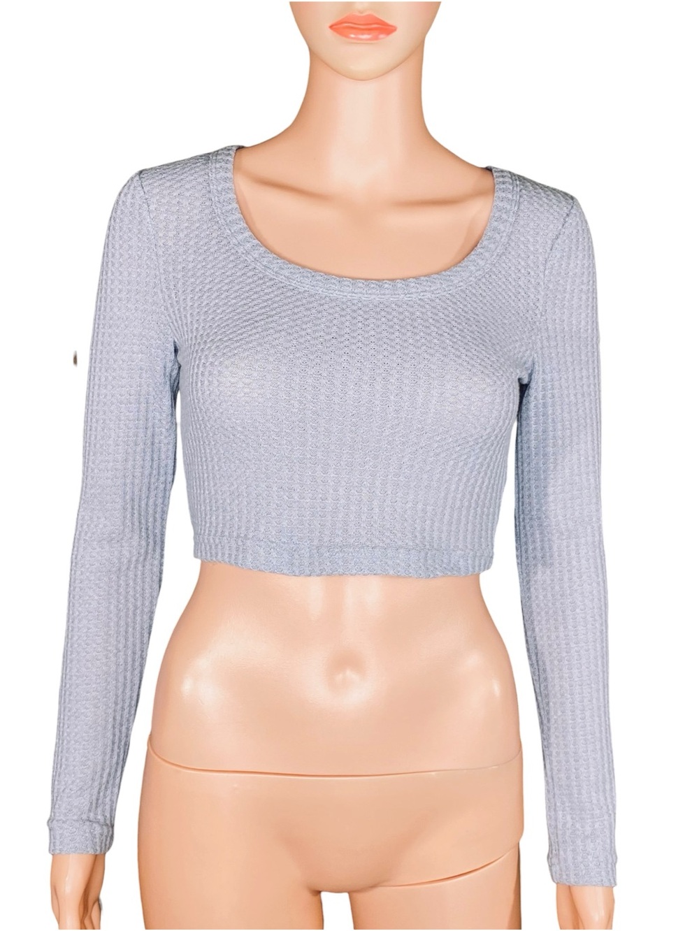 Shein Waffle Knit Cropped Top Light Gray Long Sleeve Scoop Neck Size XS